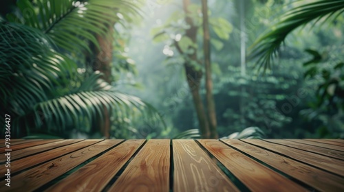 a blank wooden table with the lush green nature forest in background