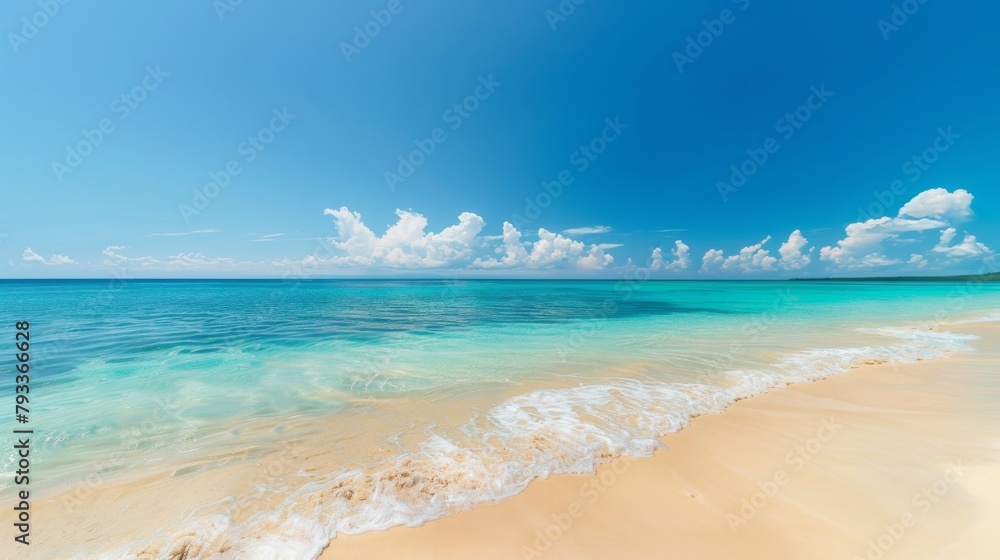Expansive view of a pristine tropical beach with crystal-clear turquoise waters under a blue sky Expansive view of a pristine tropical beach with crystal-clear turquoise waters under a blue sky