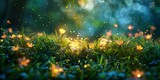Nature Background, Lush Green Grass with Sparkling Dew and Soft Light