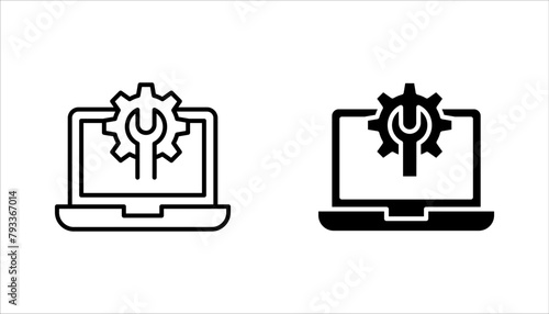 Technical support icon set. Computer service. Gears on screen laptop. vector illustration on white background