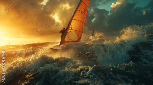 Windsurfer carving through waves at sunset, sun reflecting on ocean in a wide-angle cinematic shot. photo