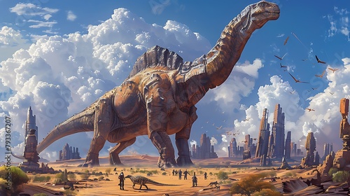 A large dinosaur is walking through a desert with a group of people