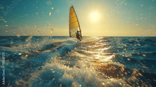 Windsurfing instructor glides over ocean waves at sunset, dynamic wide-angle cinematic style with vibrant tones. photo