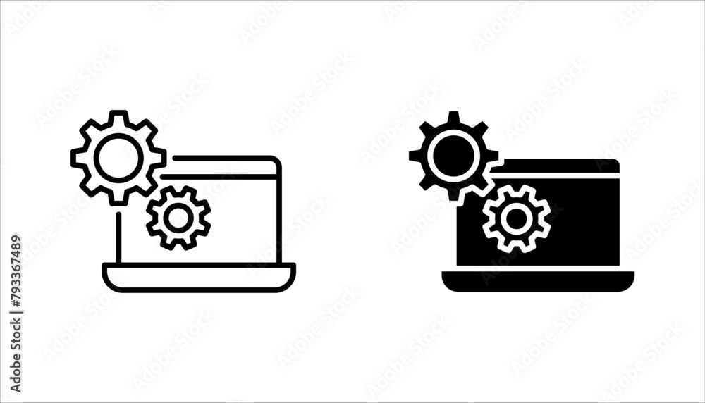 Technical support icon set. Computer service. Gears on screen laptop ...