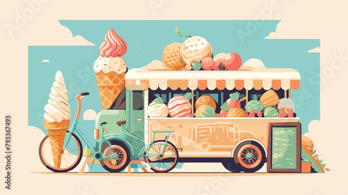 Vintage ice cream bicycle cart bus vector illustrat photo