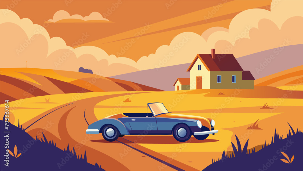 Exploring the countryside in a vintage convertible passing by golden fields and idyllic farmhouses. The cars leather seats and classic design adds a.