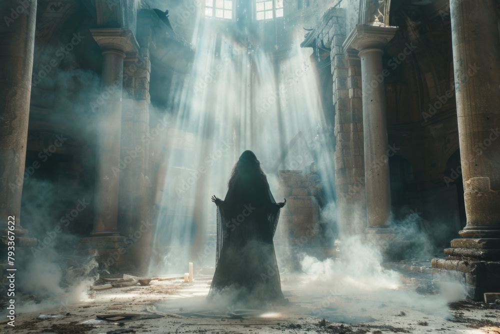 A cloaked figure casts a spell in a derelict, sunlit room filled with dust and debris.