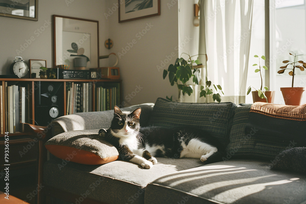 Domestic cat at cozy contemporary apartment living room interior vintage style.