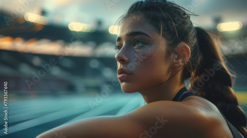 Focused woman with a ponytail resting at a stadium after a workout during sunset.