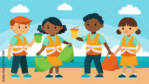 Children proudly wearing bright orange vests and carrying trash bags joining in a community beach cleanup event and learning about protecting