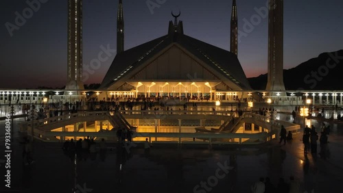 Faisal Mosque in Islamabad at Night. The largest Mosque in Pakistan, Illuminated. Drone Shot Aerial photo