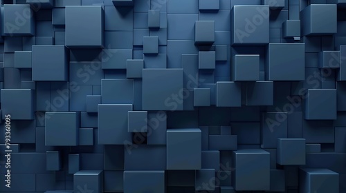 Abstract dark geometric blue 3d texture wall with squares and rectangles background banner illustration, textured wallpaper