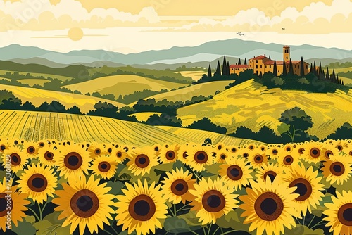 A serene Tuscany landscape, this image's vivid sunflowers and rolling hills are ideal for travel, nature, and agriculture themes.