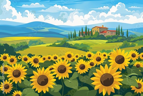 A serene Tuscany landscape, this image's vivid sunflowers and rolling hills are ideal for travel, nature, and agriculture themes. photo