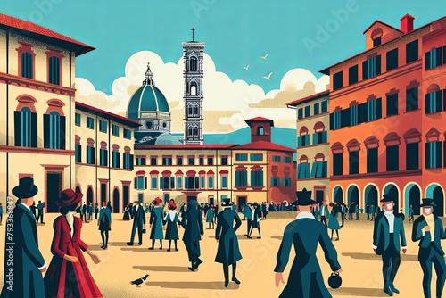 This vivid portrayal of a bustling Renaissance square in Florence exudes the city's historical charm, perfect for cultural and educational use. photo