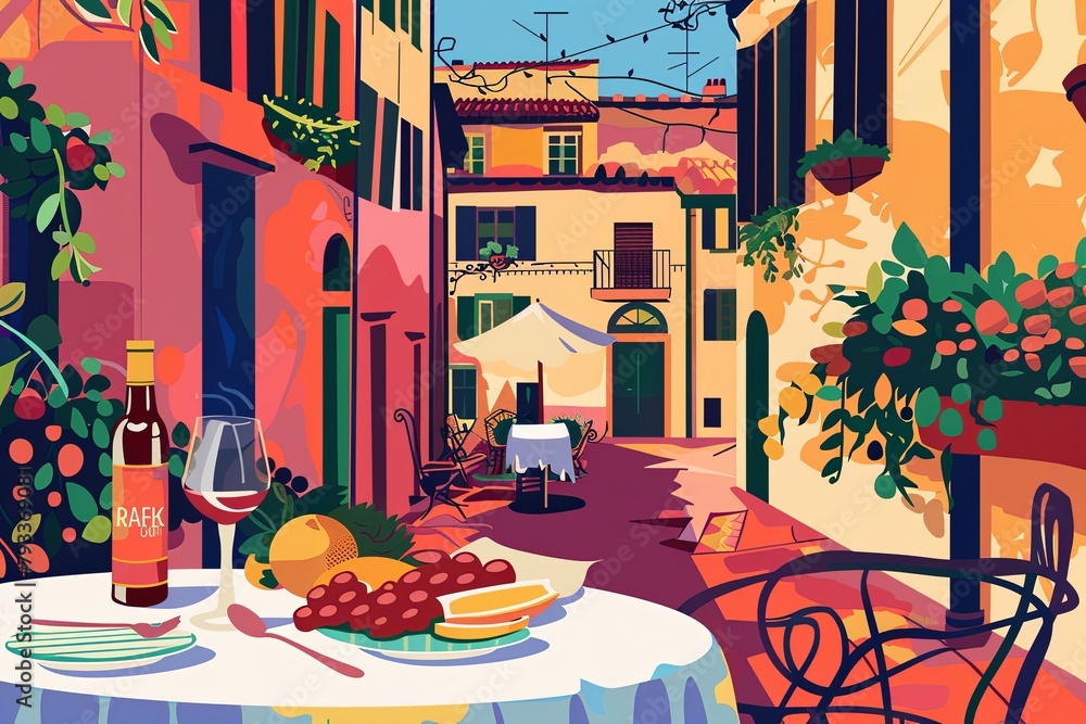 Fototapeta premium A picturesque European street scene with an inviting wine and dine setting, excellent for travel guides or cultural exploration content.