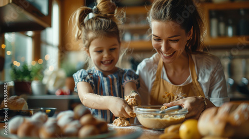 A young girl and her mother enjoying baking together in a warm kitchen  surrounded by fresh pastries.