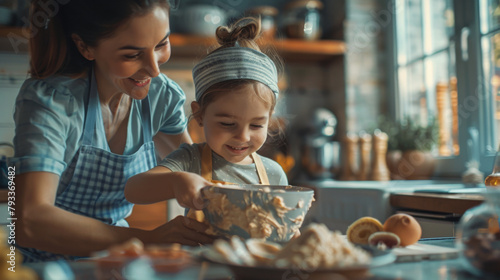 A young girl with an adult preparing food in a cozy kitchen, both smiling and enjoying the moment. photo