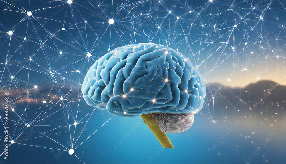 Image of human brain with neural network and nodes. artificial intelligence. Mental Health Psychology. Image of deep learning AI. Image of human brain with neural network and nodes. artificial intelligence. Mental Health Psychology. Image of deep learning AI.