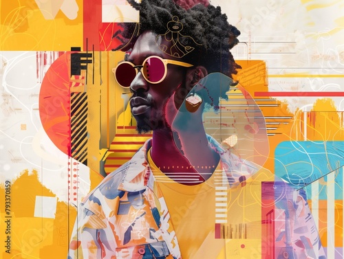 Modernist collage featuring a fashion-forward african american man sporting sunglasses, against a dynamic and colorful abstract background with geometric shapes and urban flair