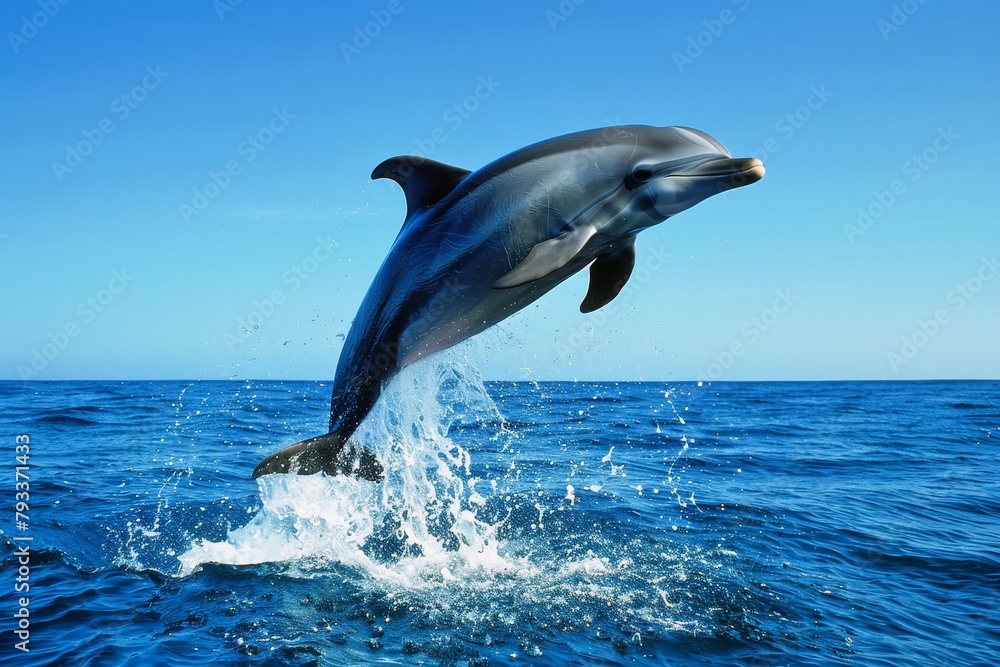 Fototapeta premium A dolphin jumps out of the water surface in the ocean.