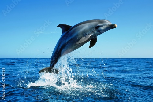 A dolphin jumps out of the water surface in the ocean. © Michael