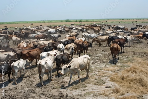 A huge herd of cattle on dry land for meat production.