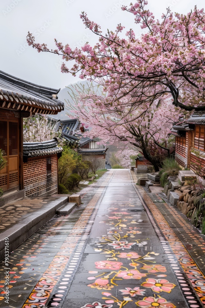 Cherry Blossom Park: Tiled Walkway Adorned with Kimono Fabric Motifs