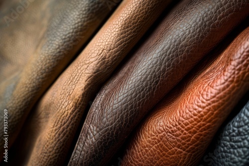 A stack of leather jackets with different colors and textures