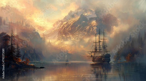 A majestic sailing ship anchors in a misty mountain lake at sunrise.