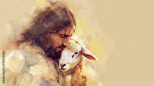 Jesus christ hugging a lost lamb in his arms with care and protection