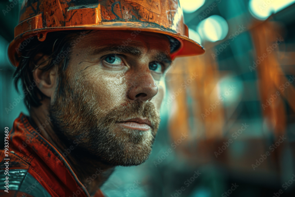 Close-up of a man in a safety helmet with a focused expression on a construction site. Close-up of a man in a safety helmet with a focused expression on a construction site.