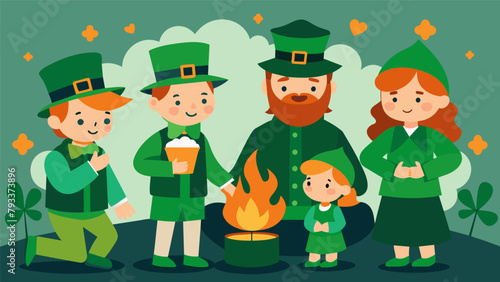 A family of Irish heritage dressed in all shades of green sporting traditional hats with shamrocks and leprechauns as they gather around a cozy