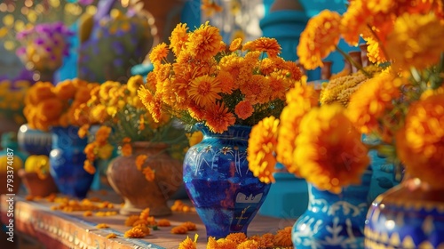 Immerse yourself in the vibrant world of the Day of the Dead celebration known as Dia De Los Muertos adorned with marigolds or cempasuchil flowers in elegant vases and papel picado decorati photo