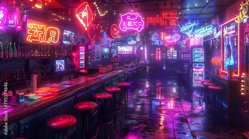 A neon-lit bar with neon signs and neon lights photo