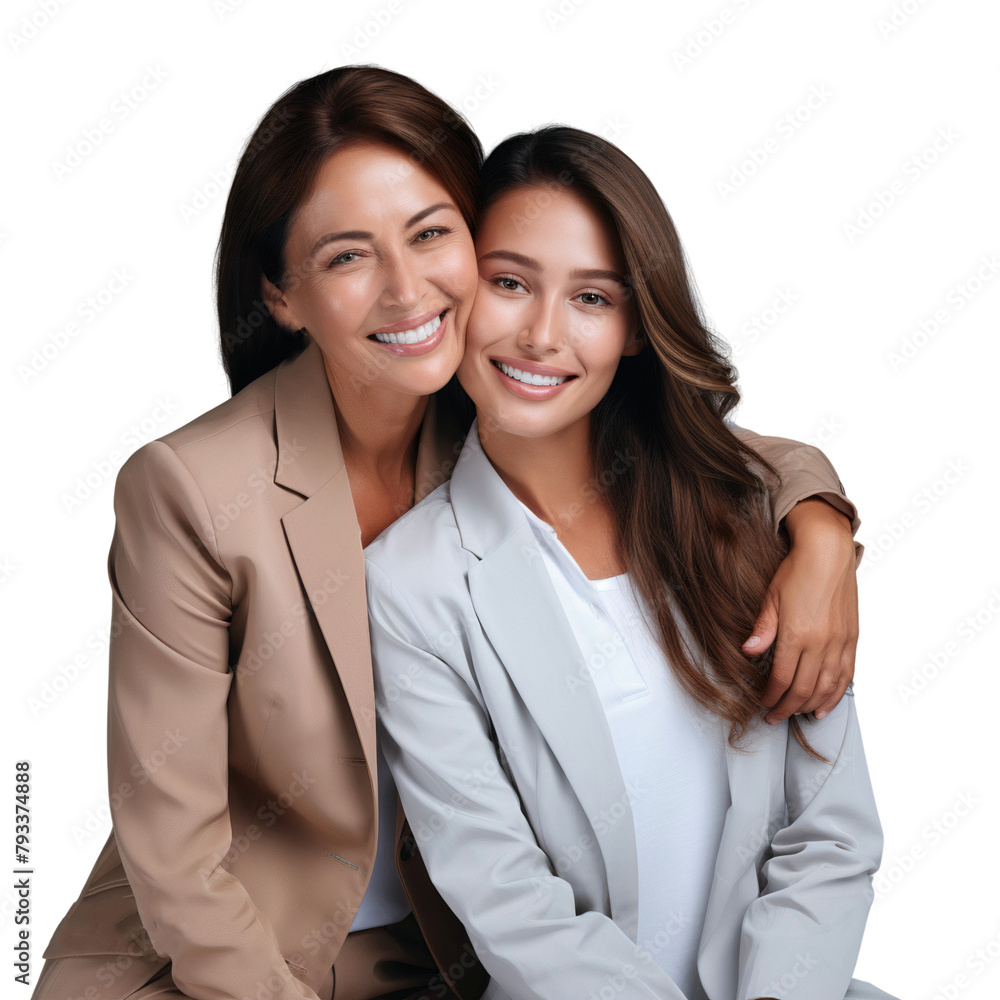 Portrait of a happy family, mother and daughter smiling together and embrace each other, isolated on transparent background Portrait of a happy family, mother and daughter smiling together and embrace each other, isolated on transparent background