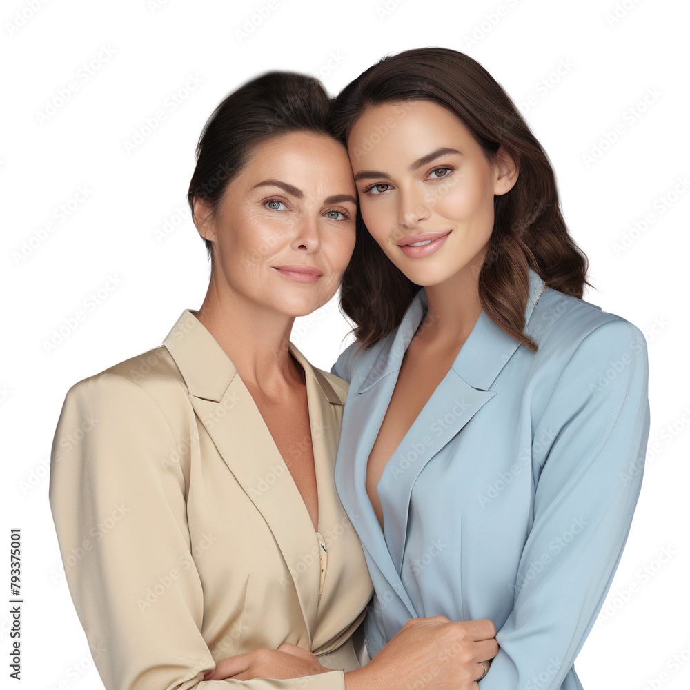Portrait of a happy family, mother and daughter smiling together and embrace each other, isolated on transparent background Portrait of a happy family, mother and daughter smiling together and embrace each other, isolated on transparent background