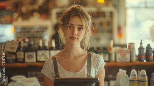 Young female cashier stands at register in a cozy cafe with rustic decor.