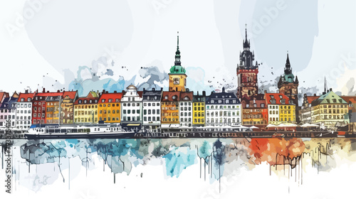 Landmark of Copenhagen Capital of Denmark. Watercolor
