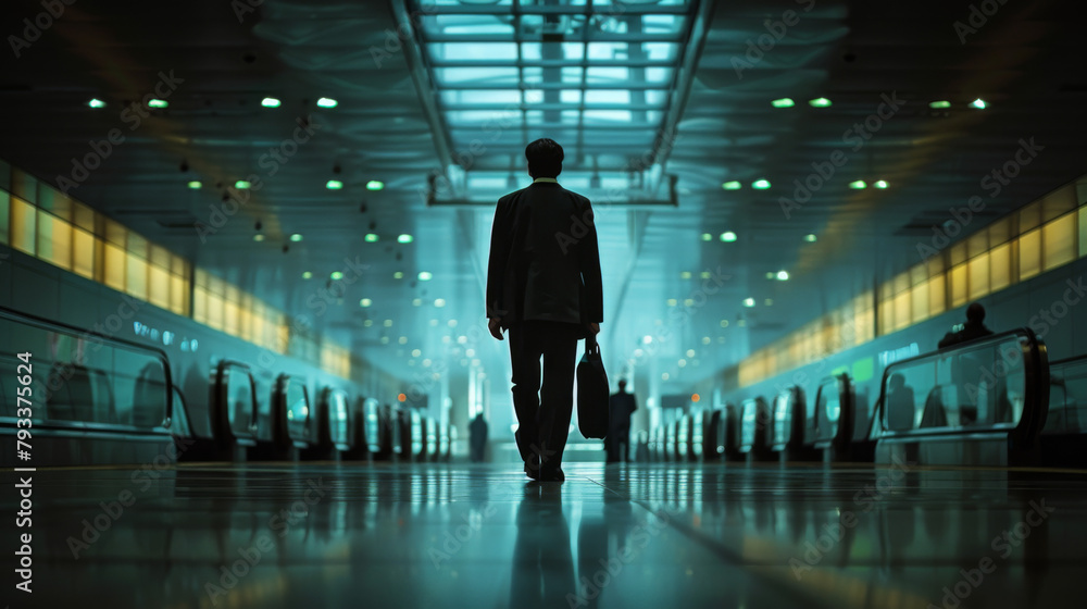 A silhouette of a person standing in a futuristic corridor with illuminated ceiling and parallel moving walkways.