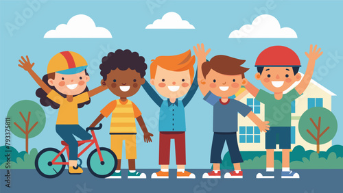 A group of neighborhood kids gathering around a newly removed set of training wheels sharing highfives and cheers as they celebrate the