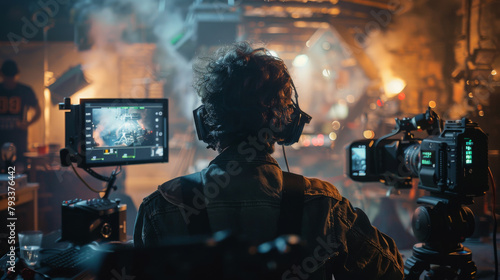Behind-the-scenes look at a film set with a focus on a person monitoring a camera display.