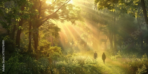 Beautiful tropical green forest view with sun flare in misty morning.