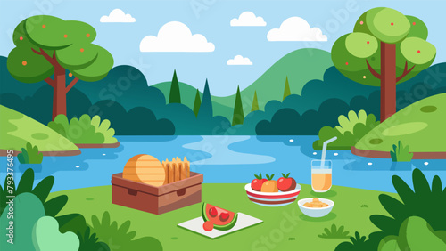 A group picnic by a tranquil pond with a basket full of sandwiches fresh veggies and dip and a cooler of refreshing cucumber water..