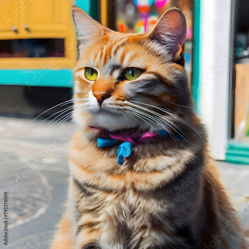 Ginger cat on the street wearing a bow tie around the neck