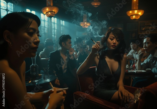 Interior color photograph of a mixed crowd in a dim Chinatown bar, unfriendly and vaguely menacing vibe. From the series �Trouble.� photo