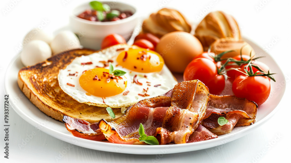 A deliciously prepared breakfast consisting of crispy bacon slices, sunny-side-up eggs, golden-brown toast, fresh tomatoes on white background