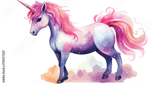 Watercolor Cute Pink Unicorn Clipart 2d flat cartoo