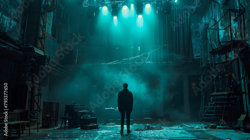 A silhouette of a person stands in a dimly lit, moody industrial setting with beams of light above. photo