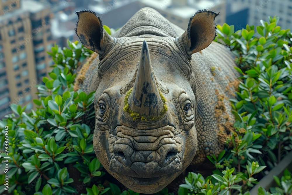 Fototapeta premium Close up View of a Rhino Sculpture Peeking Through Green Foliage in Urban Environment
